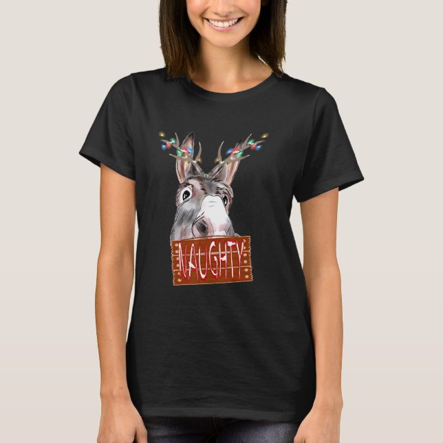 Antlers Lights Naughty Sign Christmas Donkey T-Shirt (Front)