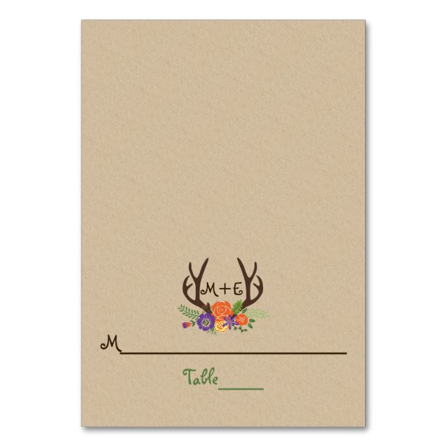 Antlers & orange purple flowers wedding place card (Front)