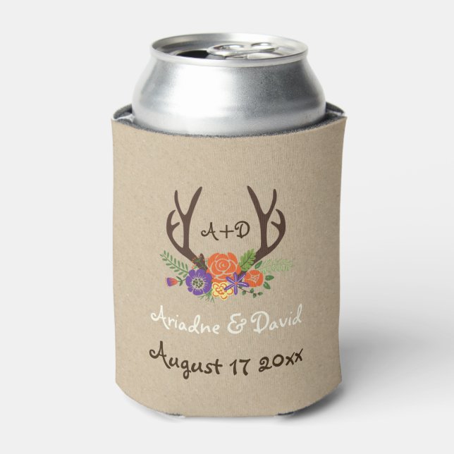 Antlers & purple, orange flowers woodland wedding can cooler (Can Front)