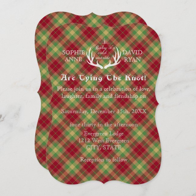 Antlers Red and Green Plaid Wedding Invitation (Front/Back)