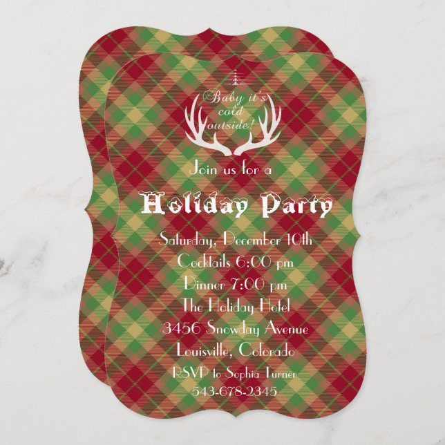 Antlers Red Green Plaid Holiday Party Invitation (Front/Back)