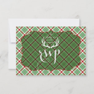 Antlers Red Green Plaid Wedding RSVP Card