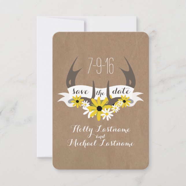 Antlers + Wildflowers Cardboard Inspired Save Date Save The Date (Front)