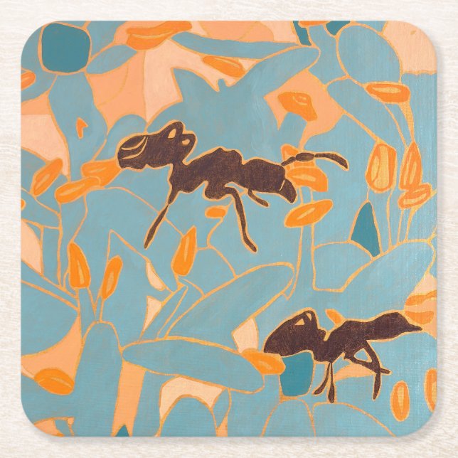 Ants with Blue flowers Autralian Flora Square Paper Coaster (Front)