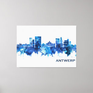 Antwerp Belgium Skyline Blue Canvas Print