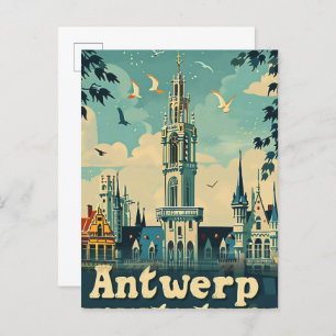 Antwerp Belgium Vintage Retro Travel Illustration Postcard