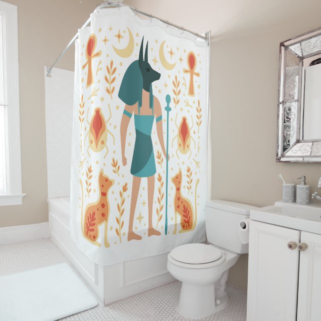 Anubis Ancient Egyptian God Ankh Teal Orange Shower Curtain (In Situ)