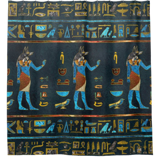 Anubis Egyptian  Gold, Blue and Red glass Shower Curtain (Front)