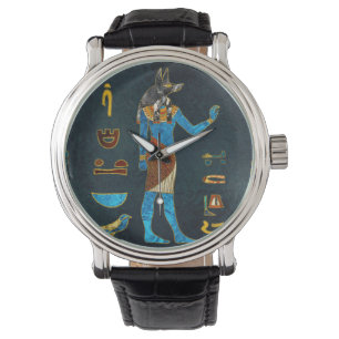 Anubis Egyptian Gold, Blue and Red glass Watch