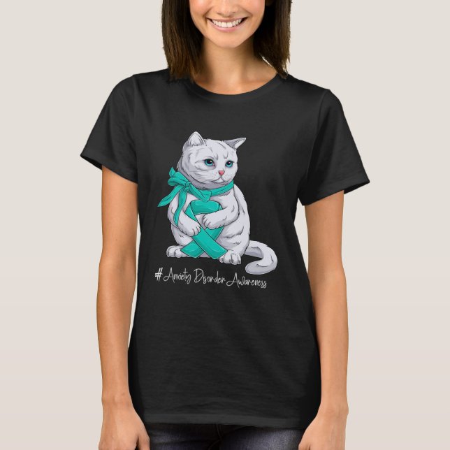 Anxiety Disorder Awareness Month Teal Ribbon Cat T-Shirt (Front)