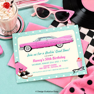 ANY AGE - 1950's Retro Pink Cadillac Birthday Invitation