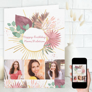 Any Age 3 Photo Collage Personalised Boho Birthday Card