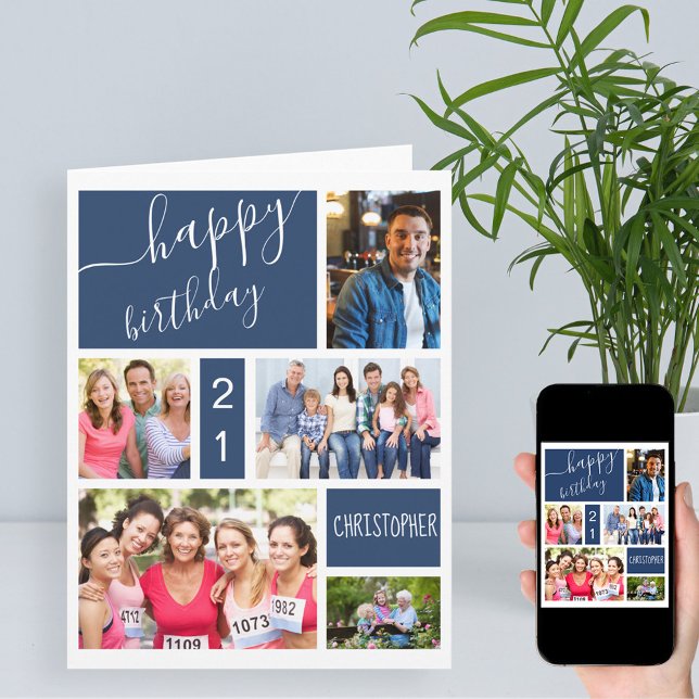 Any Age 5 Photo Collage Blue Personalised Birthday Card (Creator Uploaded)