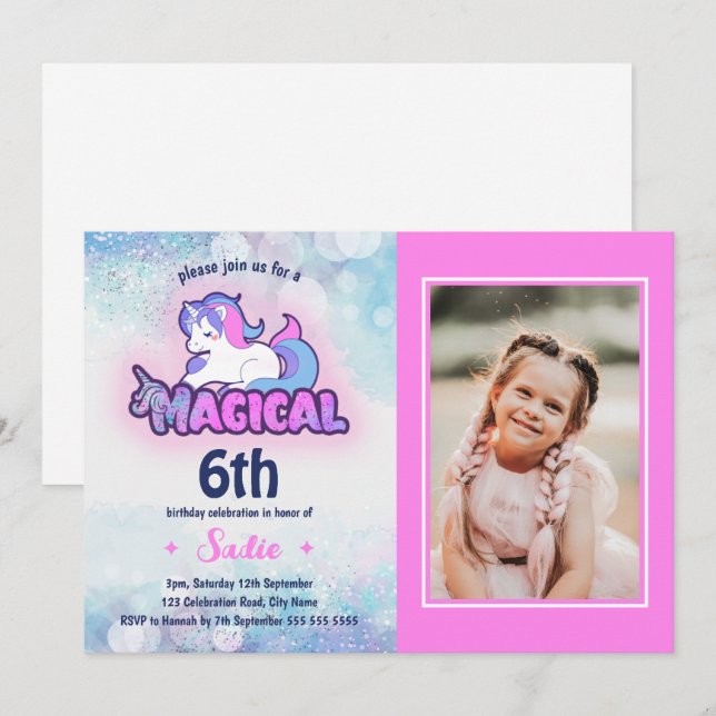Any Age 6th Pink Purple Unicorn Photo Birthday  Invitation (Front/Back)