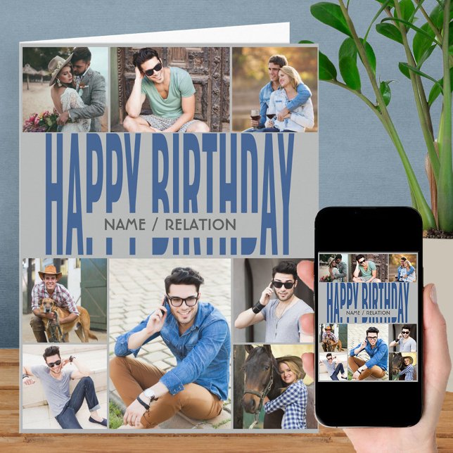 Any Age 8 Photo Collage Blue Grey Birthday Card (Creator Uploaded)