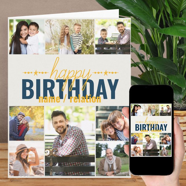 Any Age 8 Photo Collage Blue Personalised Birthday Card (Creator Uploaded)