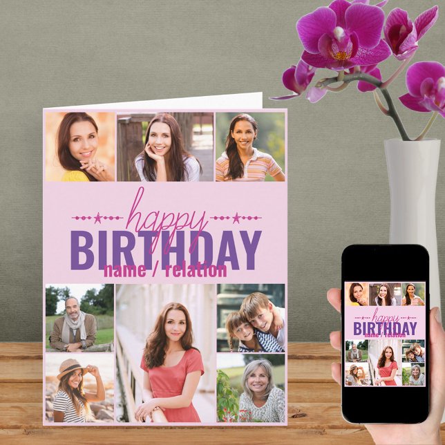 Any Age 8 Photo Collage Personalised Pink Birthday Card (Creator Uploaded)