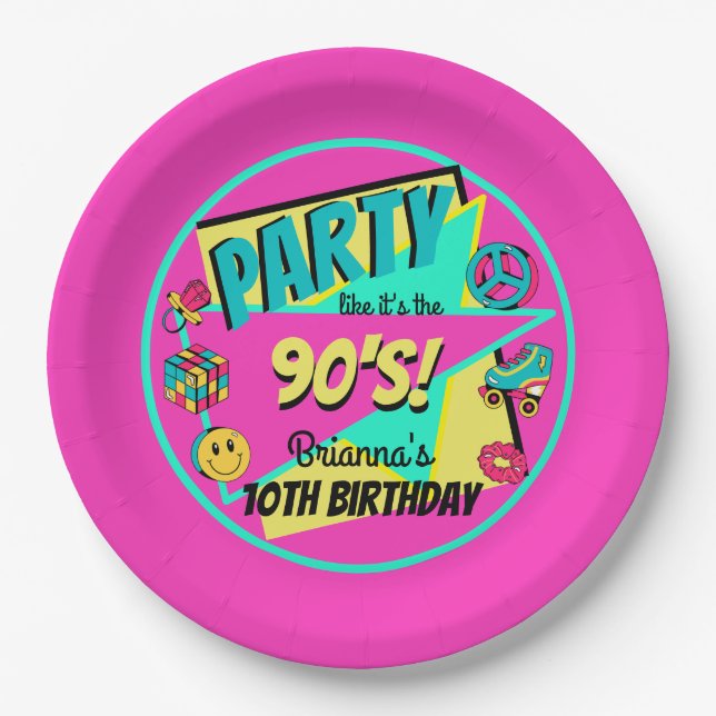 ANY AGE 90s birthday party pink teal personalised Paper Plate (Front)