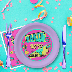 ANY AGE 90's party purple pink teal personalised Paper Plate