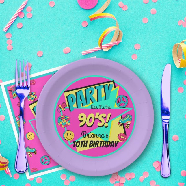 ANY AGE 90's party purple pink teal personalised Paper Plate (Creator Uploaded)