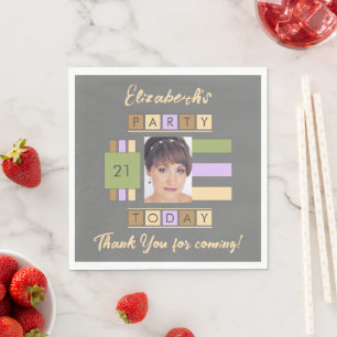 Any age add photo name grey lilac birthday party napkin