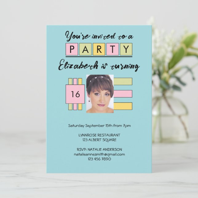 Any age add photo name turquoise birthday party invitation (Standing Front)
