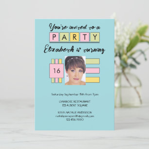 Any age add photo name turquoise birthday party invitation