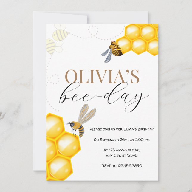 Any age, bee theme girl birthday  invitation (Front)
