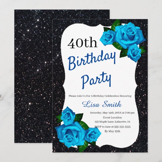 Any Age Birthday Black Glitter Blue Roses Invitation (Front/Back)