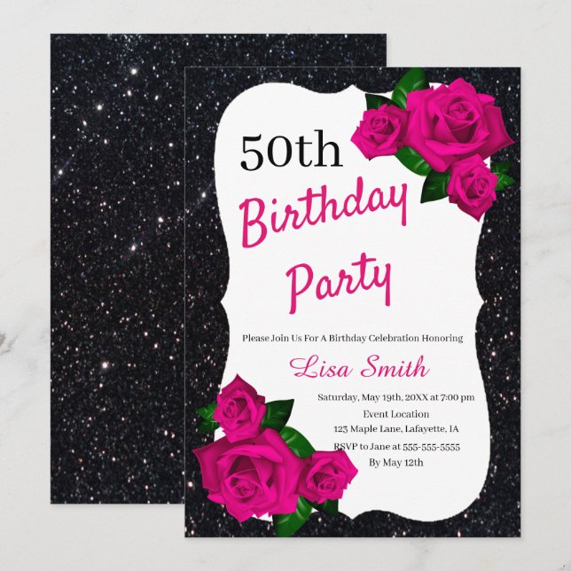 Any Age Birthday Black Glitter Pink Roses Invitation (Front/Back)