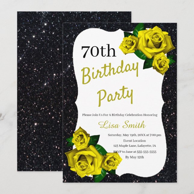 Any Age Birthday Black Glitter Yellow Roses Invitation (Front/Back)