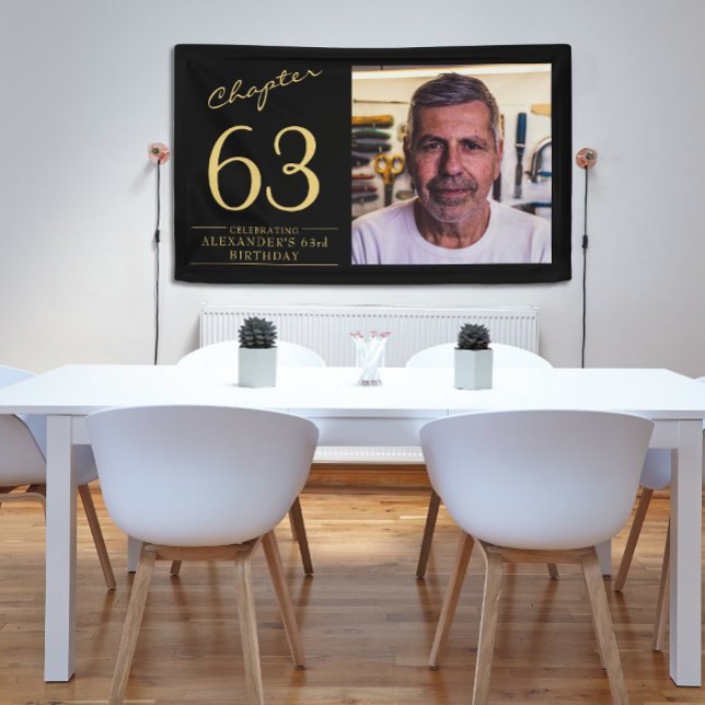 Any Age Birthday Black Gold Photo Banner (Black and gold birthday wall banner with photo.)