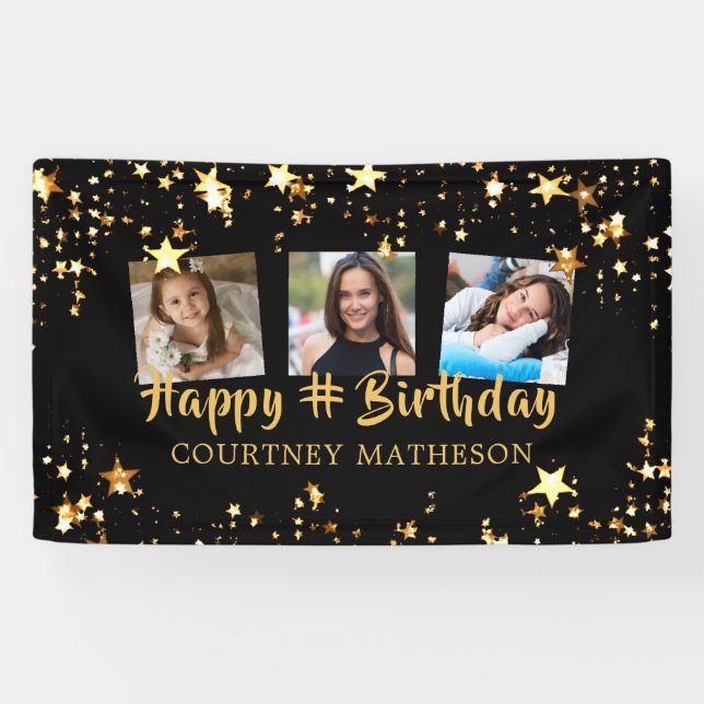 Any Age Birthday Black Gold Stars Photo Name Banner (Horizontal)