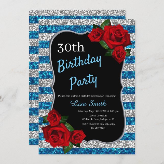 Any Age Birthday Blue And Silver Glitter Red Roses Invitation (Front/Back)