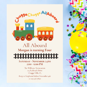 Any Age Birthday Colourful Train Chugga All Aboard Invitation