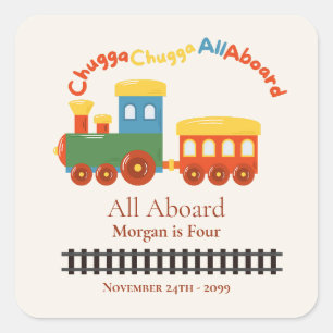 Any Age Birthday Colourful Train Chugga All Aboard Square Sticker