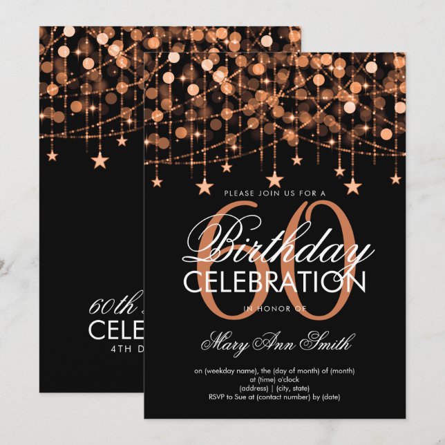 Any Age Birthday Copper String Lights & Stars Invitation (Front/Back)