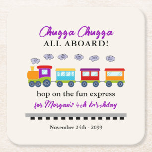 Any Age Birthday Cute Colourful Train  Square Paper Coaster