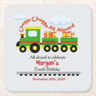 Any Age Birthday Cute Colourful Train With Present Square Paper Coaster