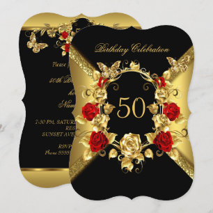 Any age Birthday Elegant Gold Red Roses Black 2 Invitation