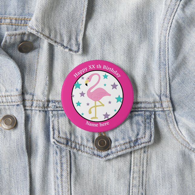 Any Age Birthday Flamingo Personalised 7.5 Cm Round Badge (In Situ)
