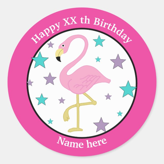 Any Age Birthday Flamingo Personalised Classic Round Sticker (Front)