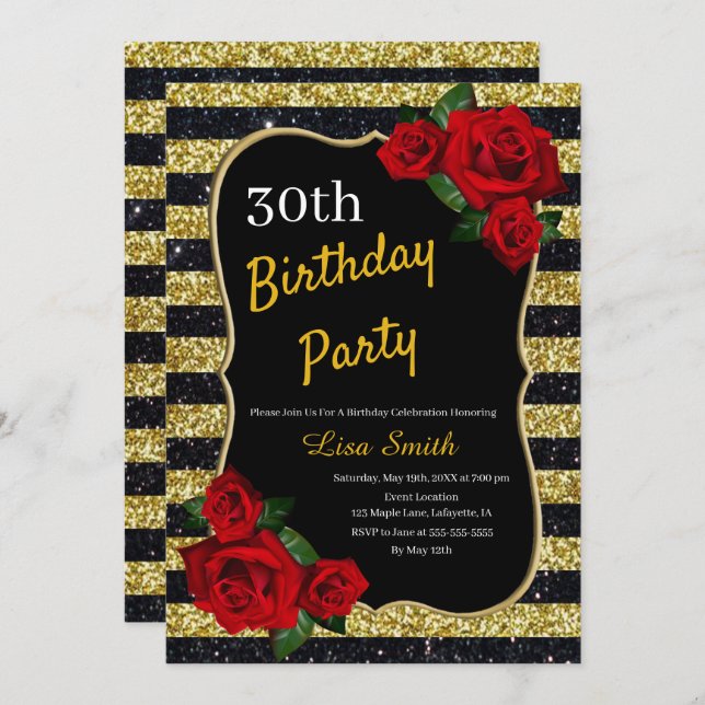 Any Age Birthday Gold And Black Glitter Red Roses Invitation (Front/Back)
