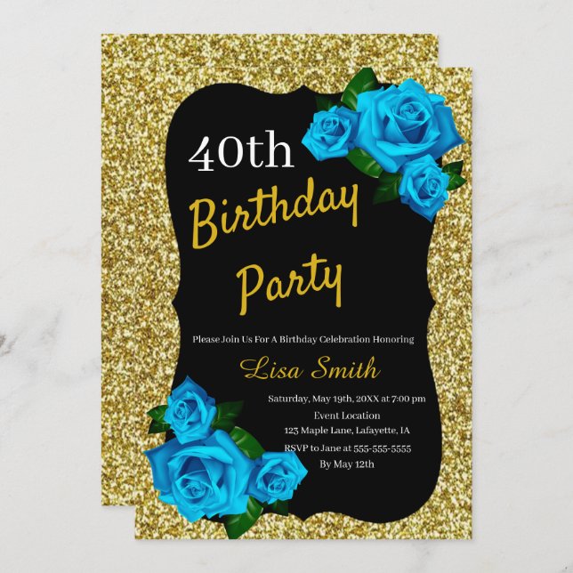 Any Age Birthday Gold Glitter Blue Roses Invitation (Front/Back)
