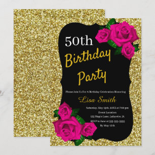 Any Age Birthday Gold Glitter Pink Roses Invitation