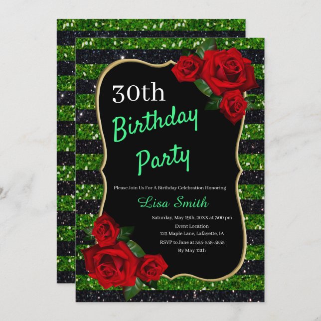 Any Age Birthday Green And Black Glitter Red Roses Invitation (Front/Back)