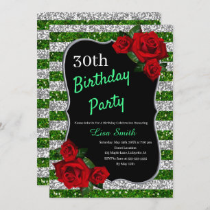 Any Age Birthday Green And Silver Glitter Red Rose Invitation