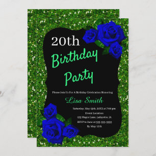 Any Age Birthday Green Glitter Deep Blue Roses Invitation