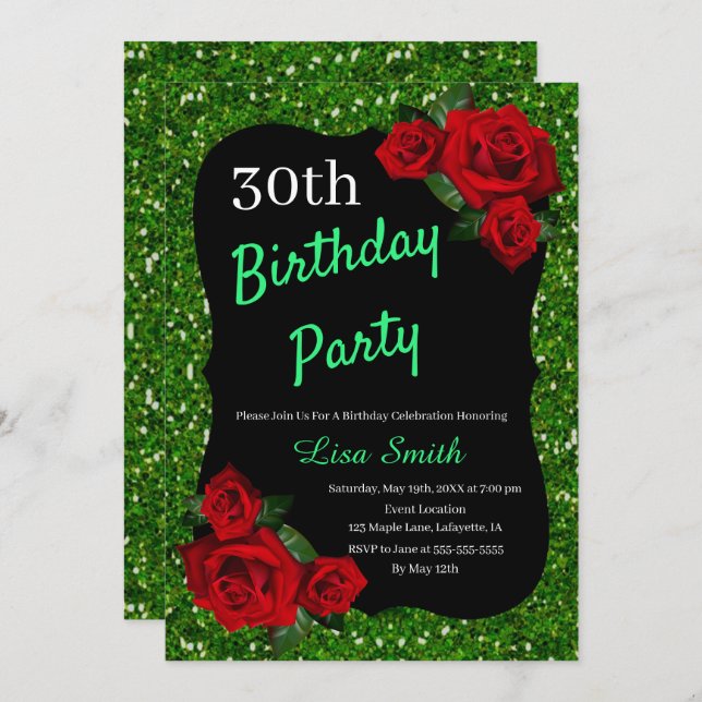 Any Age Birthday Green Glitter Red Roses Invitation (Front/Back)