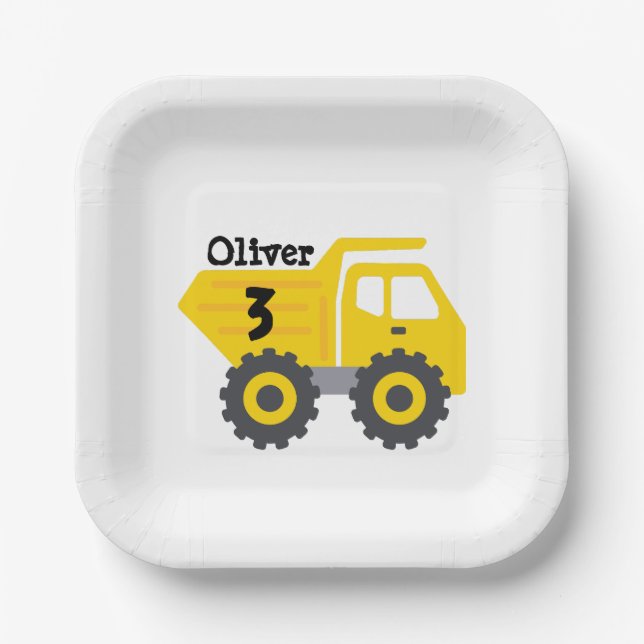 Any Age Birthday Kids Yellow Dump Truck Boy Paper Plate (Front)